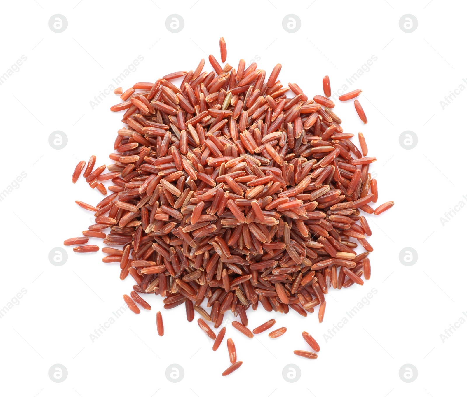 Photo of Pile of brown rice on white background, top view