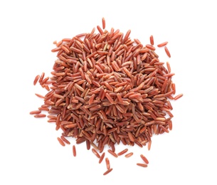 Pile of brown rice on white background, top view