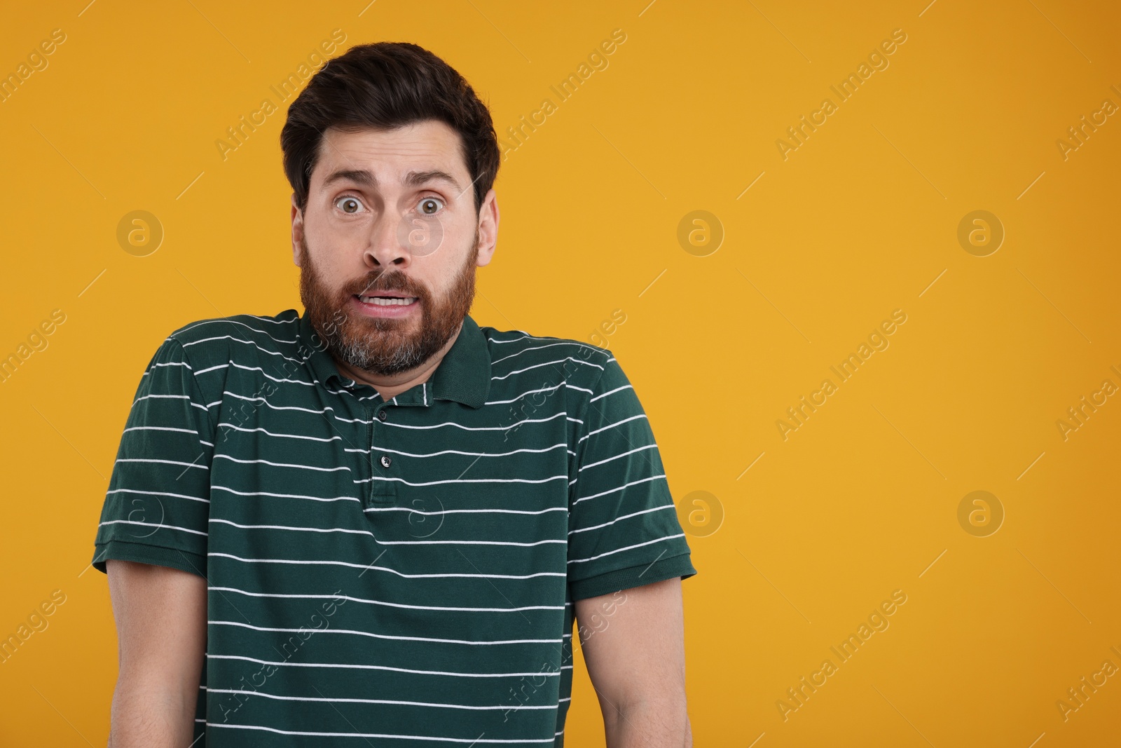 Photo of Portrait of surprised man on yellow background, space for text