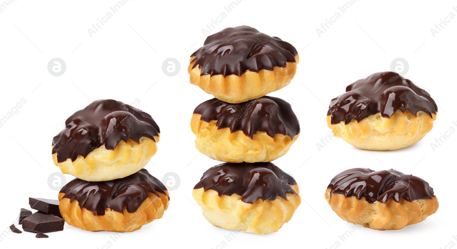 Image of Delicious profiteroles covered with chocolate on white background, collage design