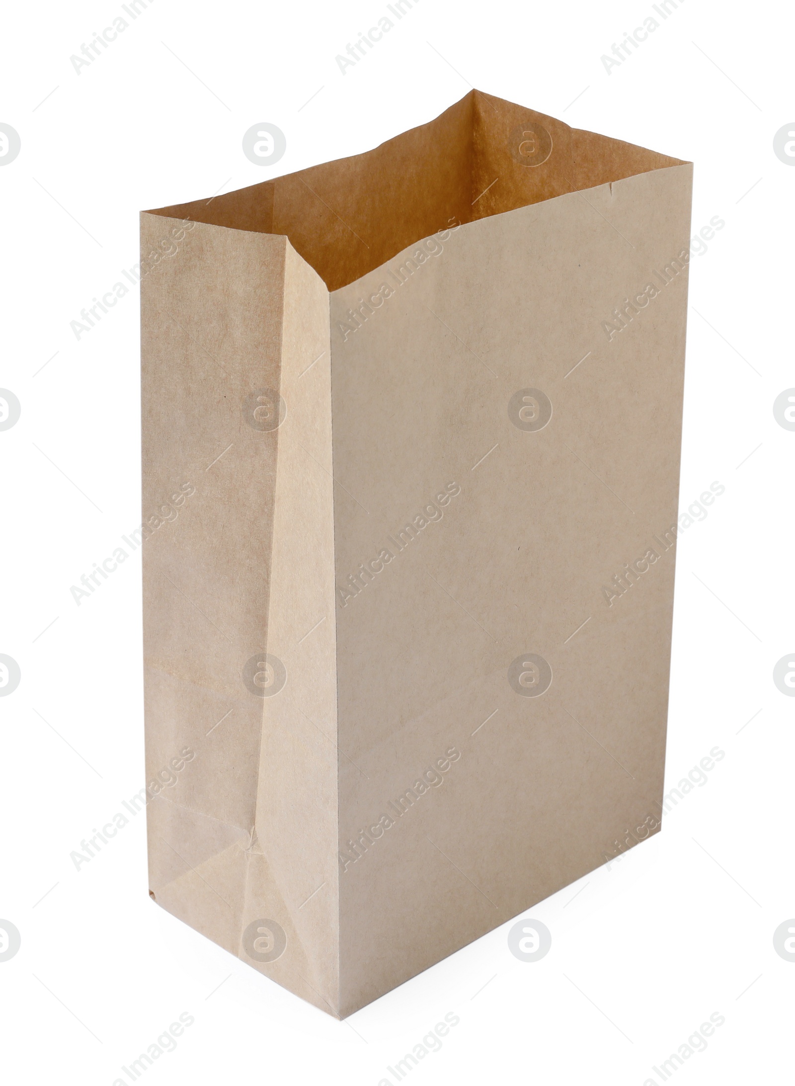 Photo of Open kraft paper bag isolated on white