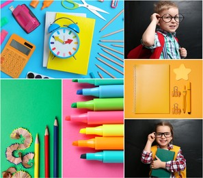 Collage with photos of cute children and different stationery. Back to school