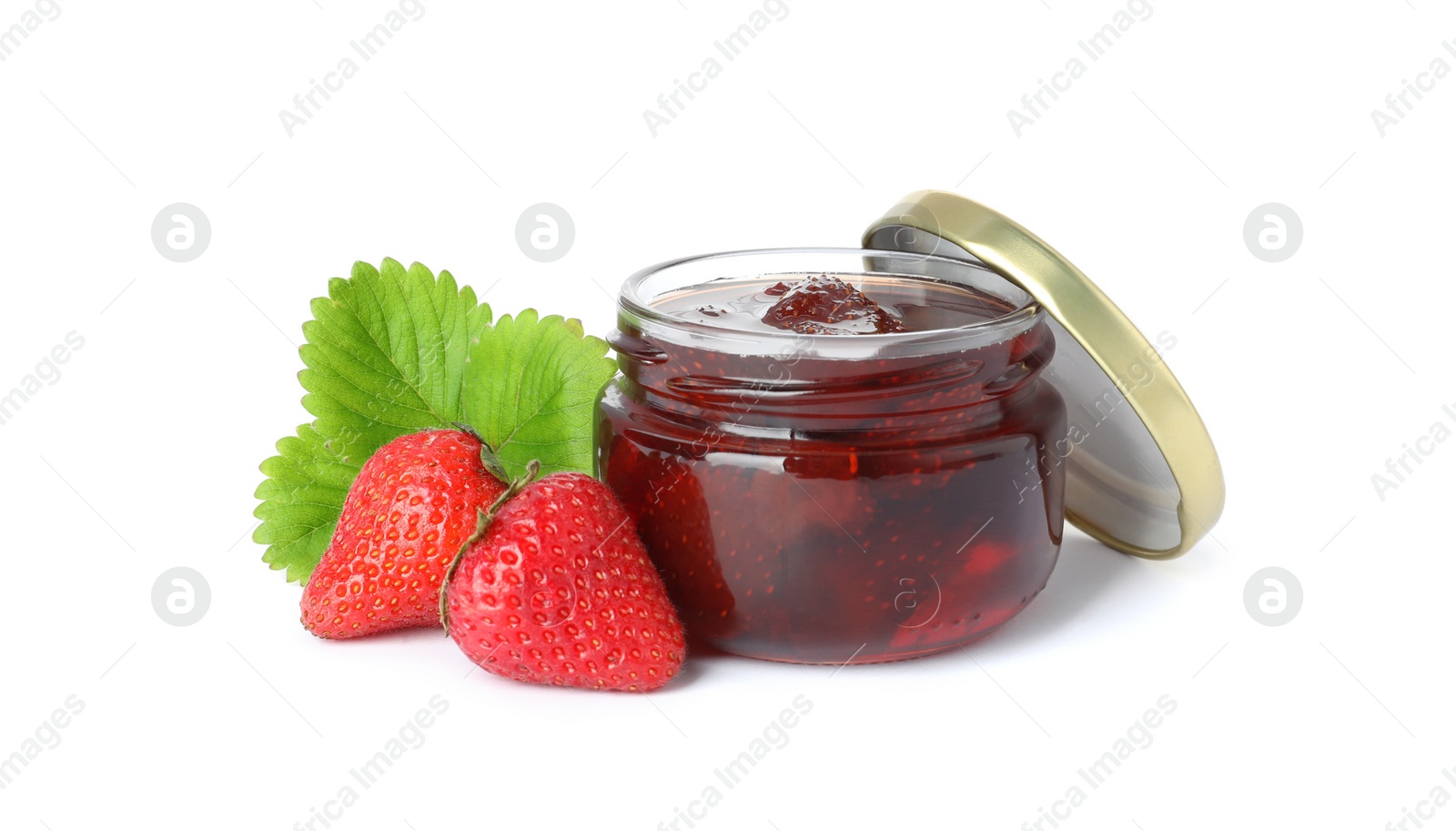 Photo of Delicious pickled strawberry jam and fresh berries isolated on white