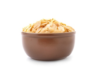 Photo of Dried garlic flakes in bowl on white background