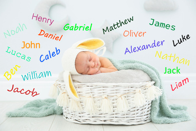 Image of Choosing name for baby boy. Adorable newborn sleeping