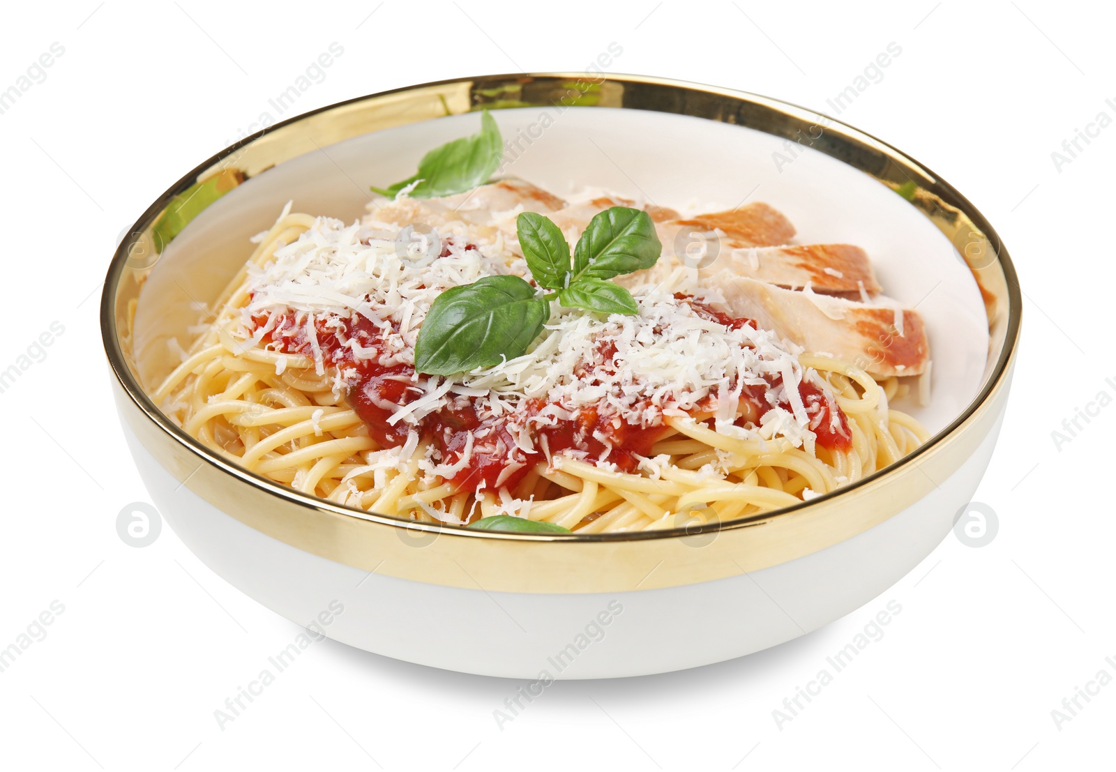 Photo of Delicious pasta with tomato sauce, chicken and parmesan cheese isolated on white