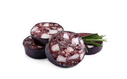 Photo of Slices of tasty blood sausage with rosemary on white background