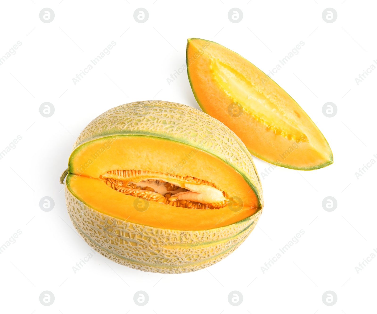 Photo of Tasty fresh cut melon isolated on white, top view