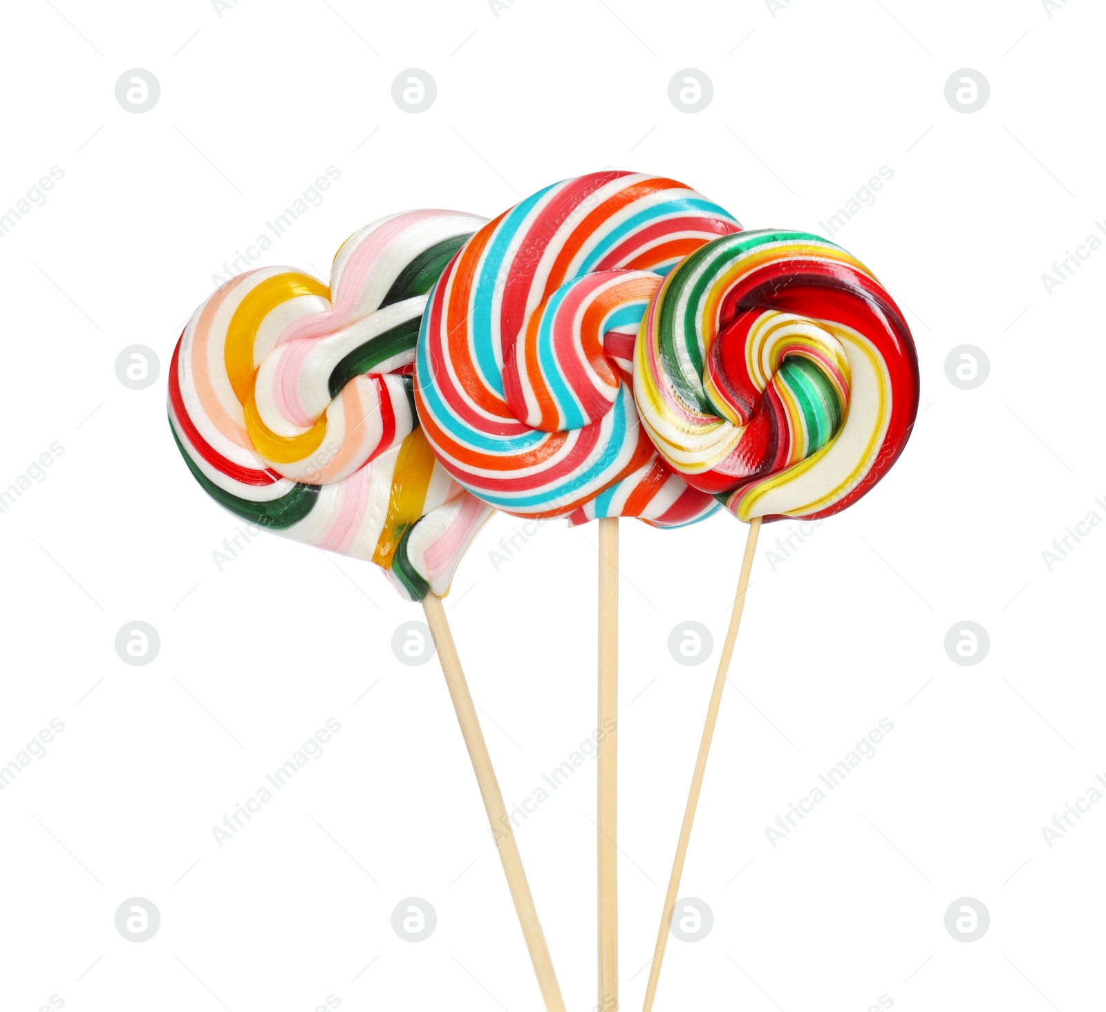 Photo of Sticks with different colorful lollipops isolated on white