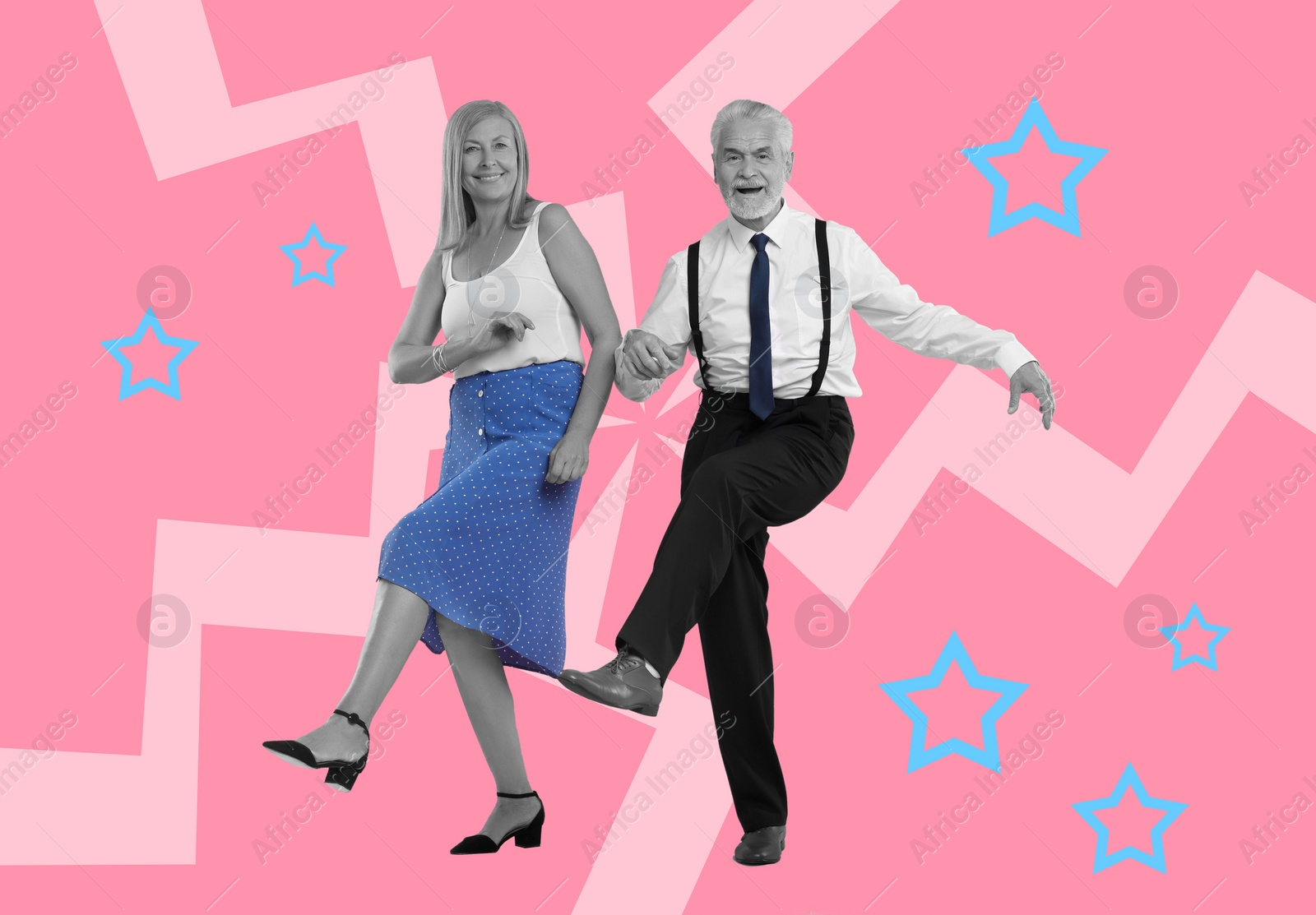 Image of Happy couple dancing on bright background. Creative collage with stylish mature man and woman. Concept of music, energy, party, fashion, lifestyle