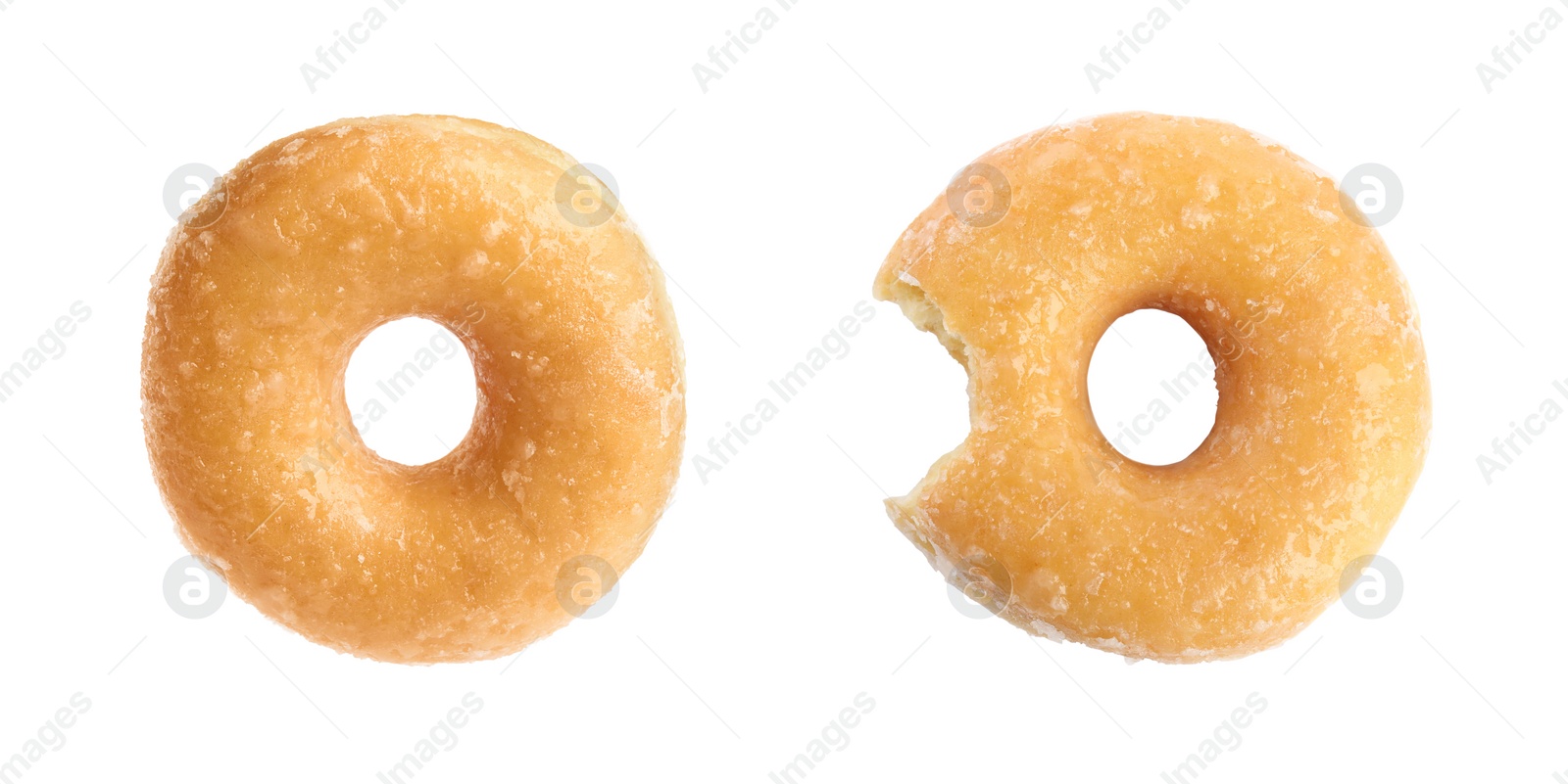 Image of Whole and bitten tasty donuts with sprinkles isolated on white