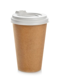 Takeaway paper coffee cup with lid on white background. Space for design