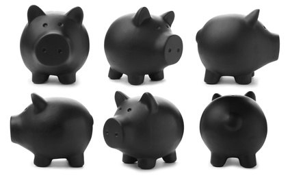 Image of Set with black piggy bank on white background