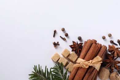 Different spices, nuts and fir branches on white table, flat lay. Space for text