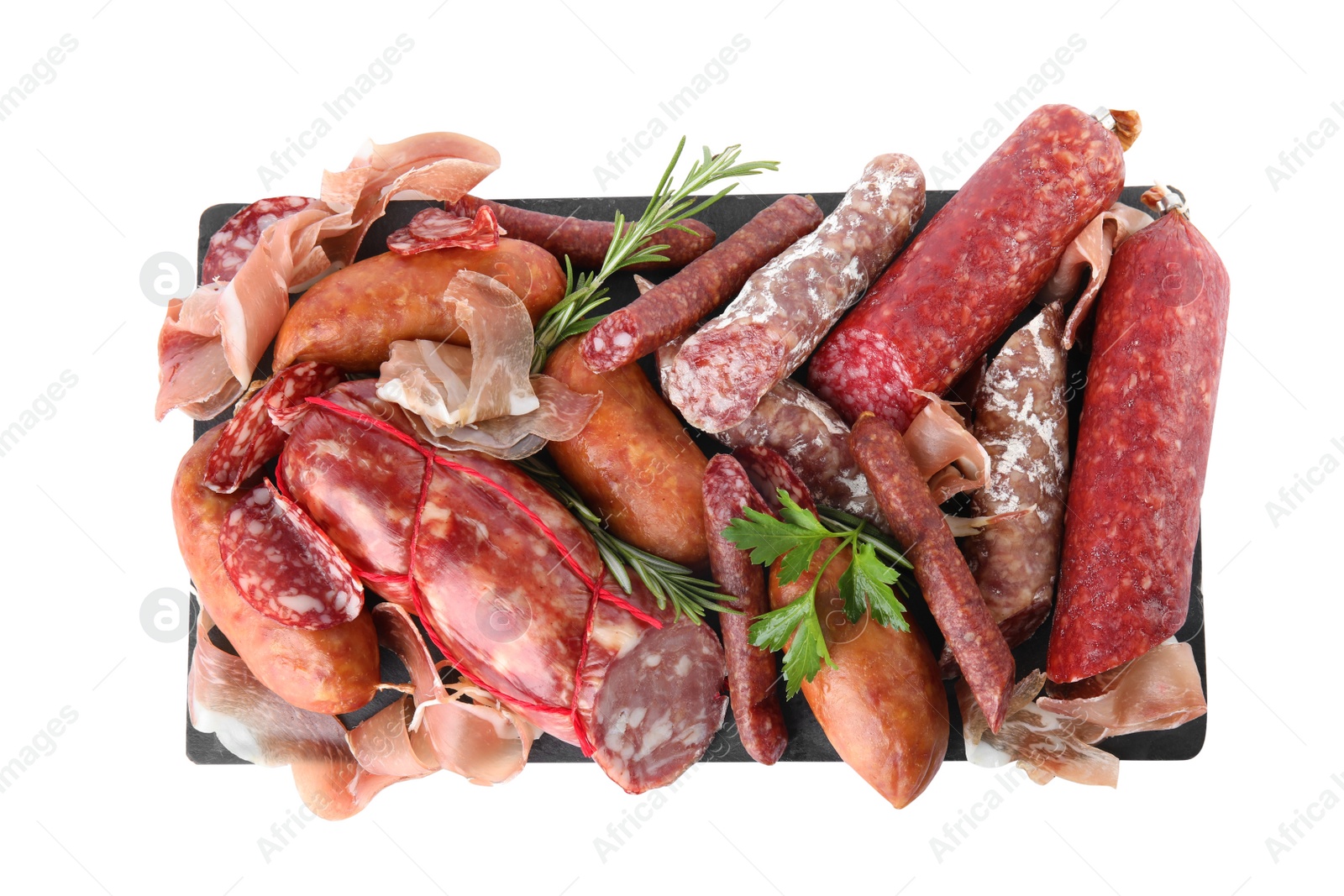 Photo of Different types of sausages on white background, top view