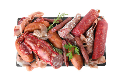 Different types of sausages on white background, top view