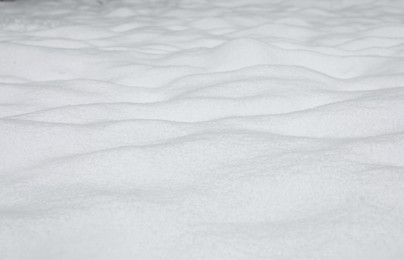 Beautiful white snow outdoors, closeup. Winter season