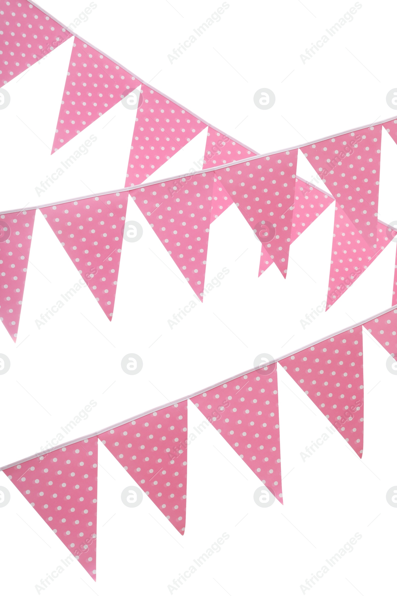 Photo of Rows of triangular bunting flags on white background. Festive decor