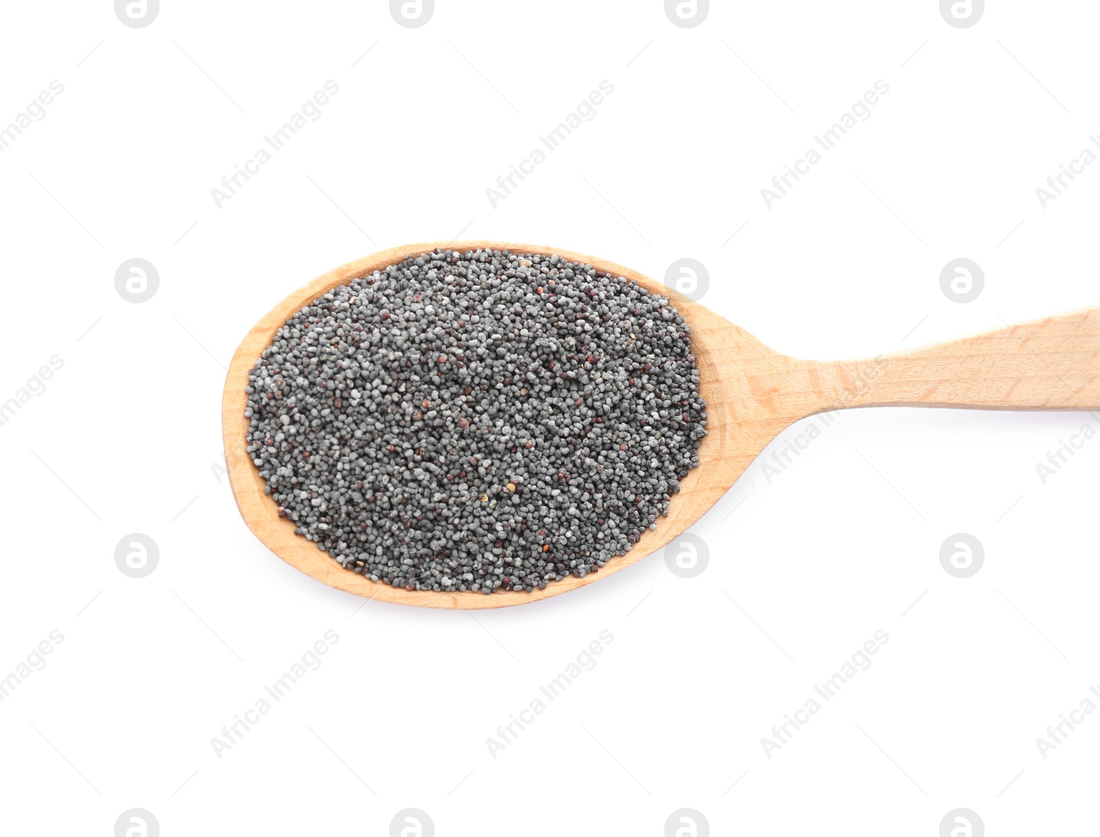 Photo of Spoon with poppy seeds isolated on white, top view