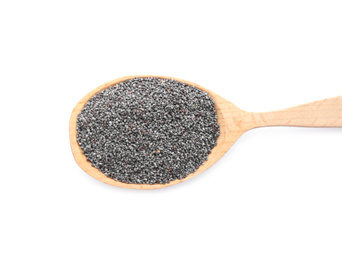 Photo of Spoon with poppy seeds isolated on white, top view