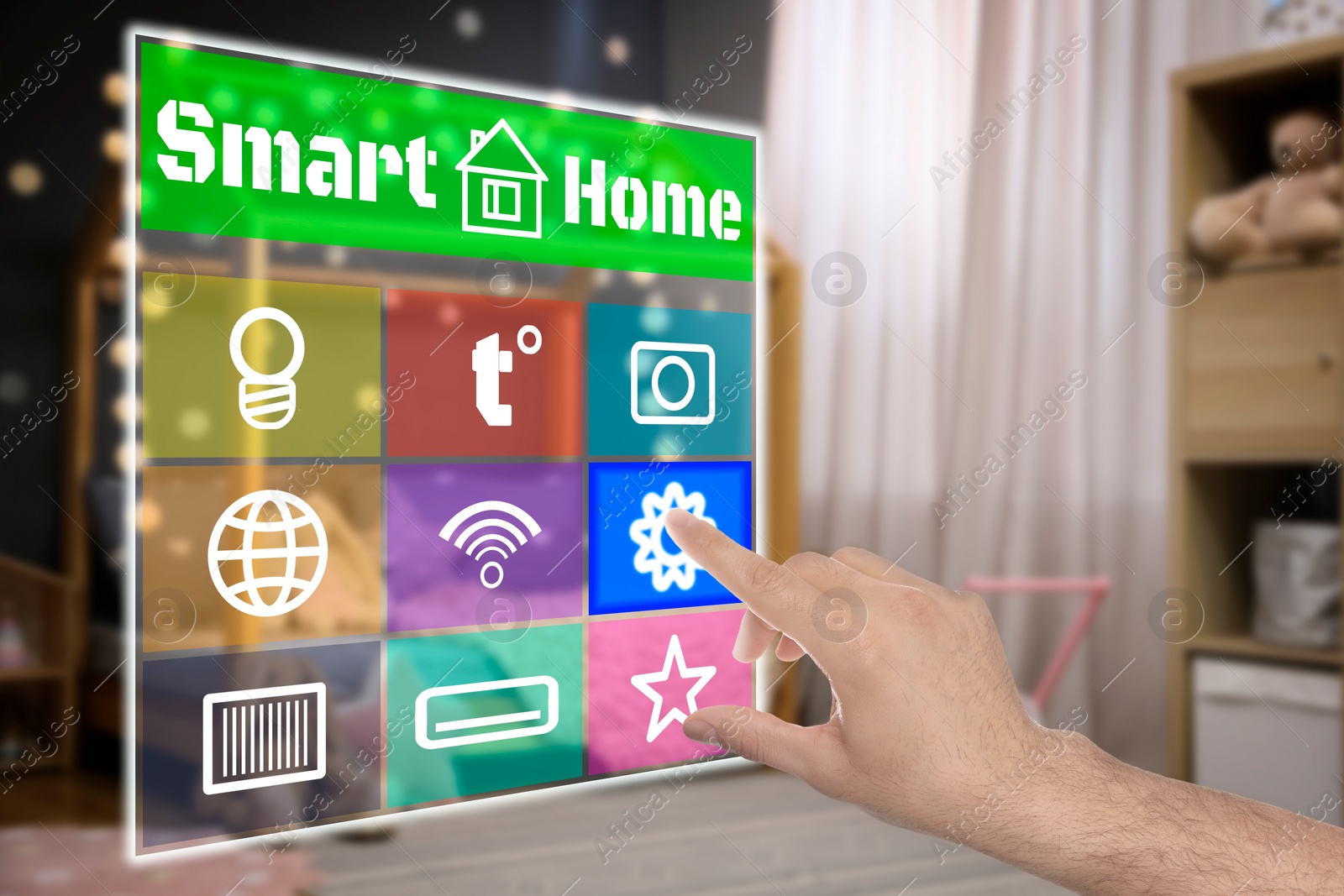 Image of Smart home system. Man using digital interface in room, closeup