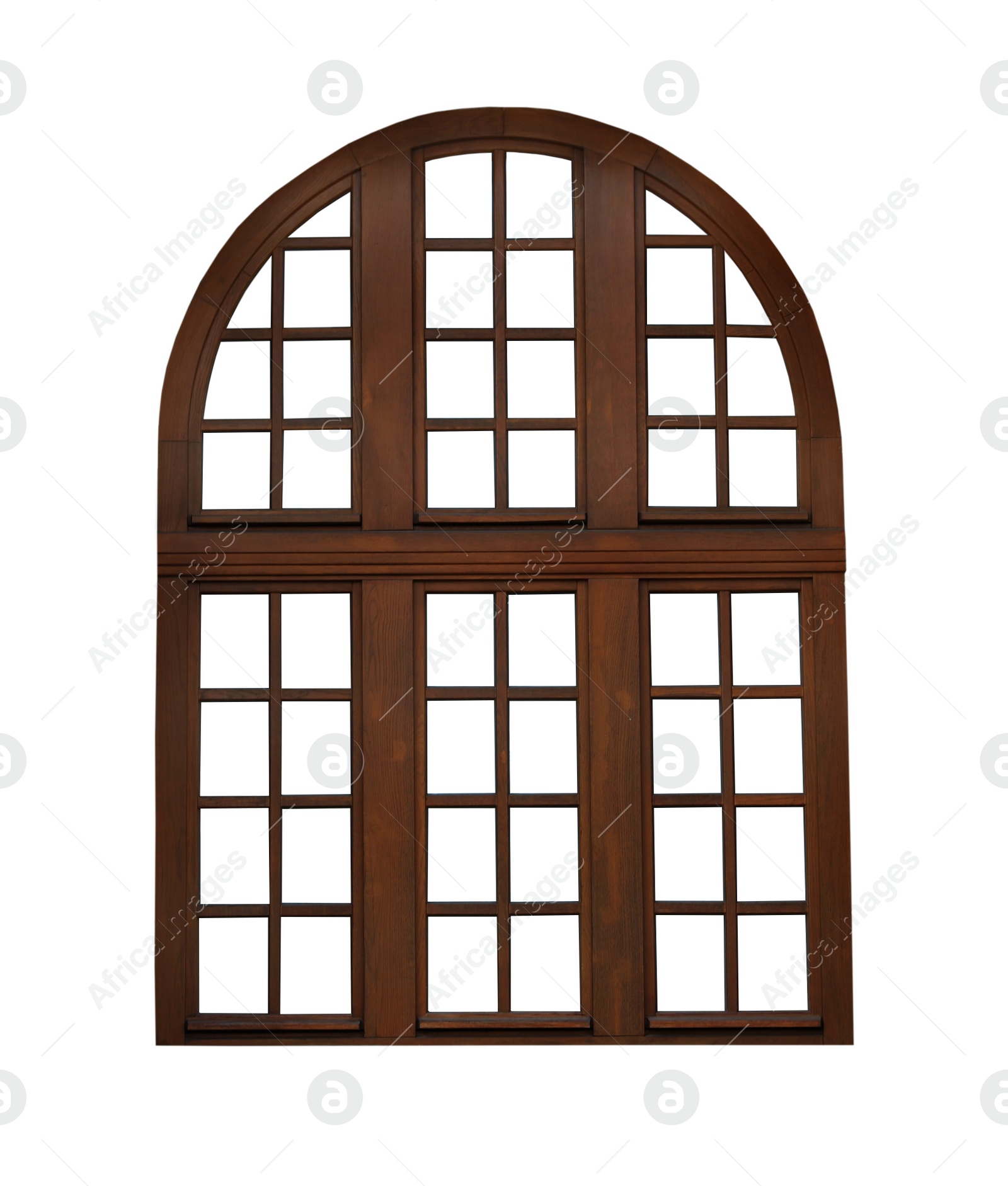 Image of Beautiful wooden arch window frame isolated on white