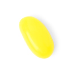 Photo of Tasty yellow jelly bean isolated on white, top view