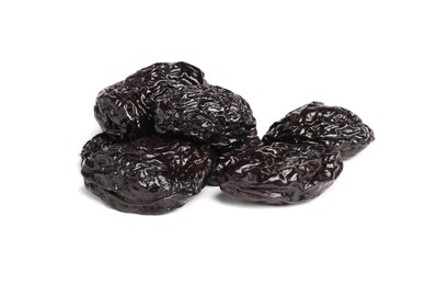 Heap of sweet dried prunes on white background