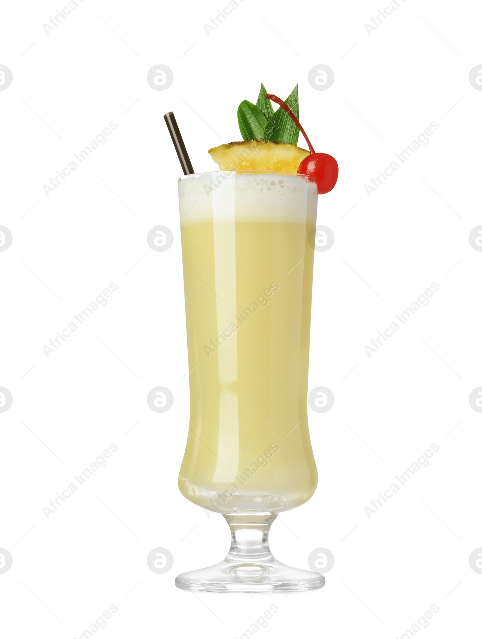 Photo of Tasty Pina Colada cocktail on white background