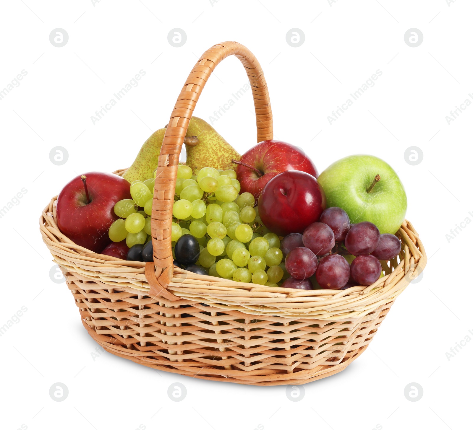 Photo of Many fresh fruits in wicker basket isolated on white