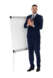 Professional business trainer near flip chart board on white background. Space for text