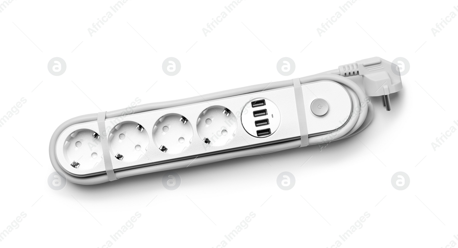 Photo of Extension cord on white background, top view. Electrician's professional equipment