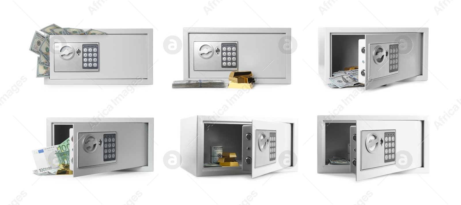 Image of Set of steel safes with electronic lock on white background. Banner design