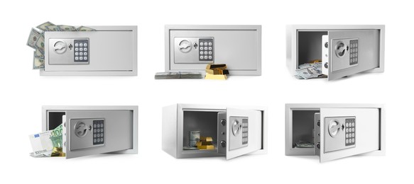 Image of Set of steel safes with electronic lock on white background. Banner design