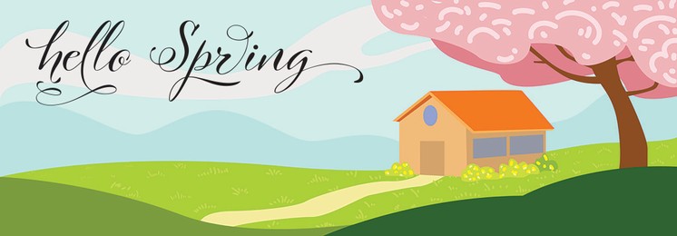 Illustration of Hello Spring card. Landscape with house and blooming cherry tree, illustration