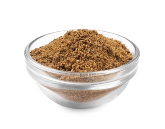 Photo of Bowl of aromatic caraway (Persian cumin) powder isolated on white