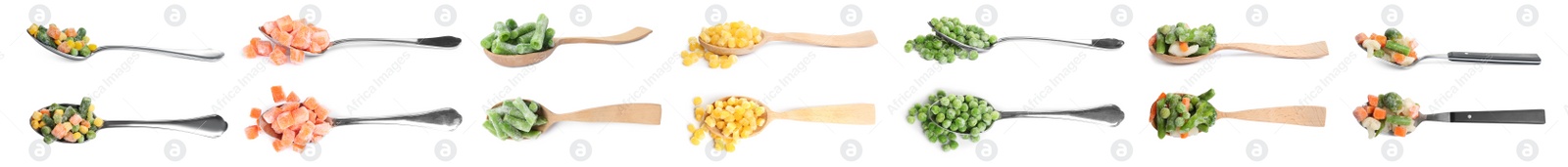 Image of Set of different frozen vegetables in spoons on white background, top view. Banner design 