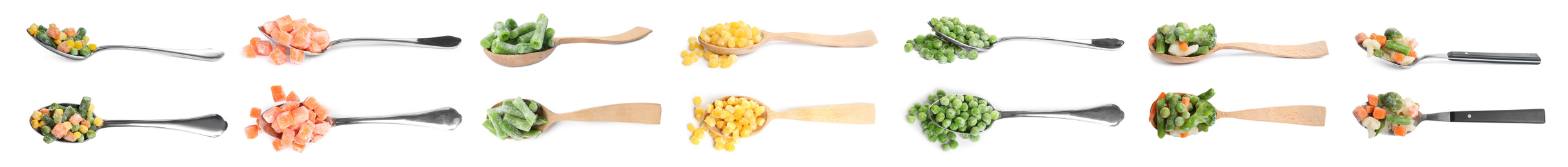 Image of Set of different frozen vegetables in spoons on white background, top view. Banner design 