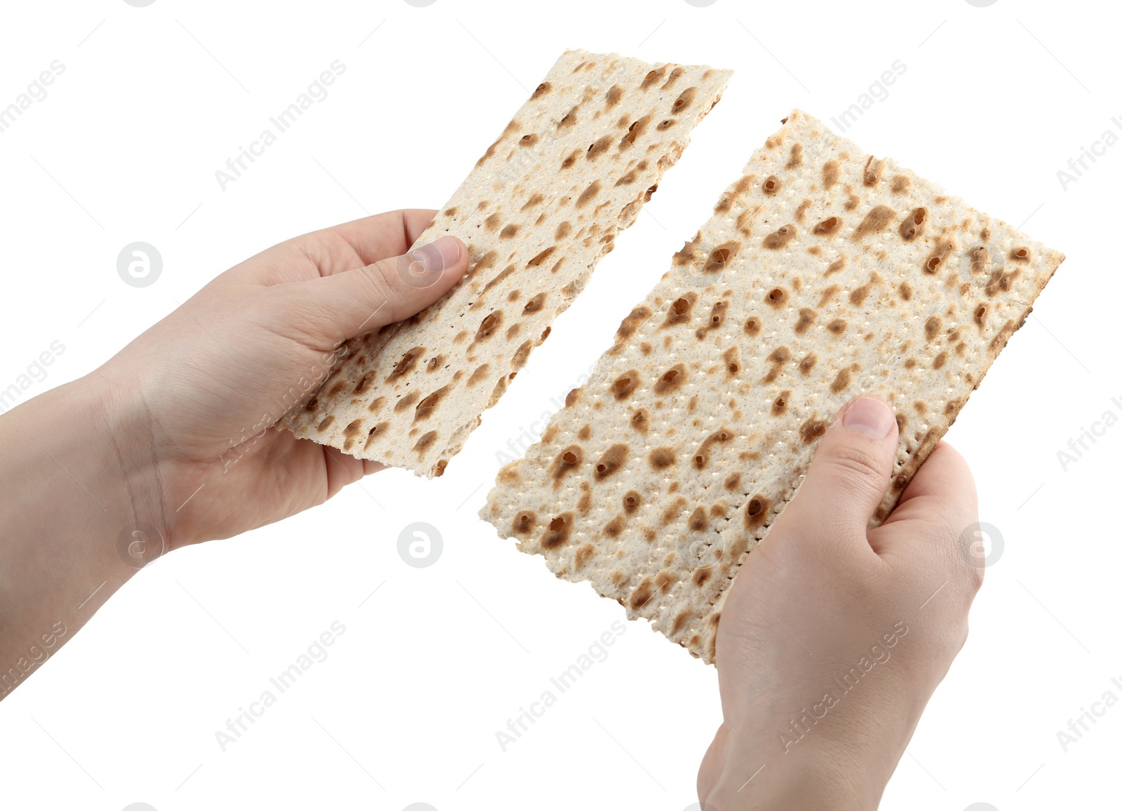 Photo of Woman with passover matzo on white background, closeup