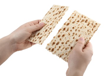 Woman with passover matzo on white background, closeup