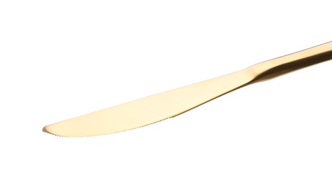 Photo of One golden knife isolated on white. Piece of cutlery