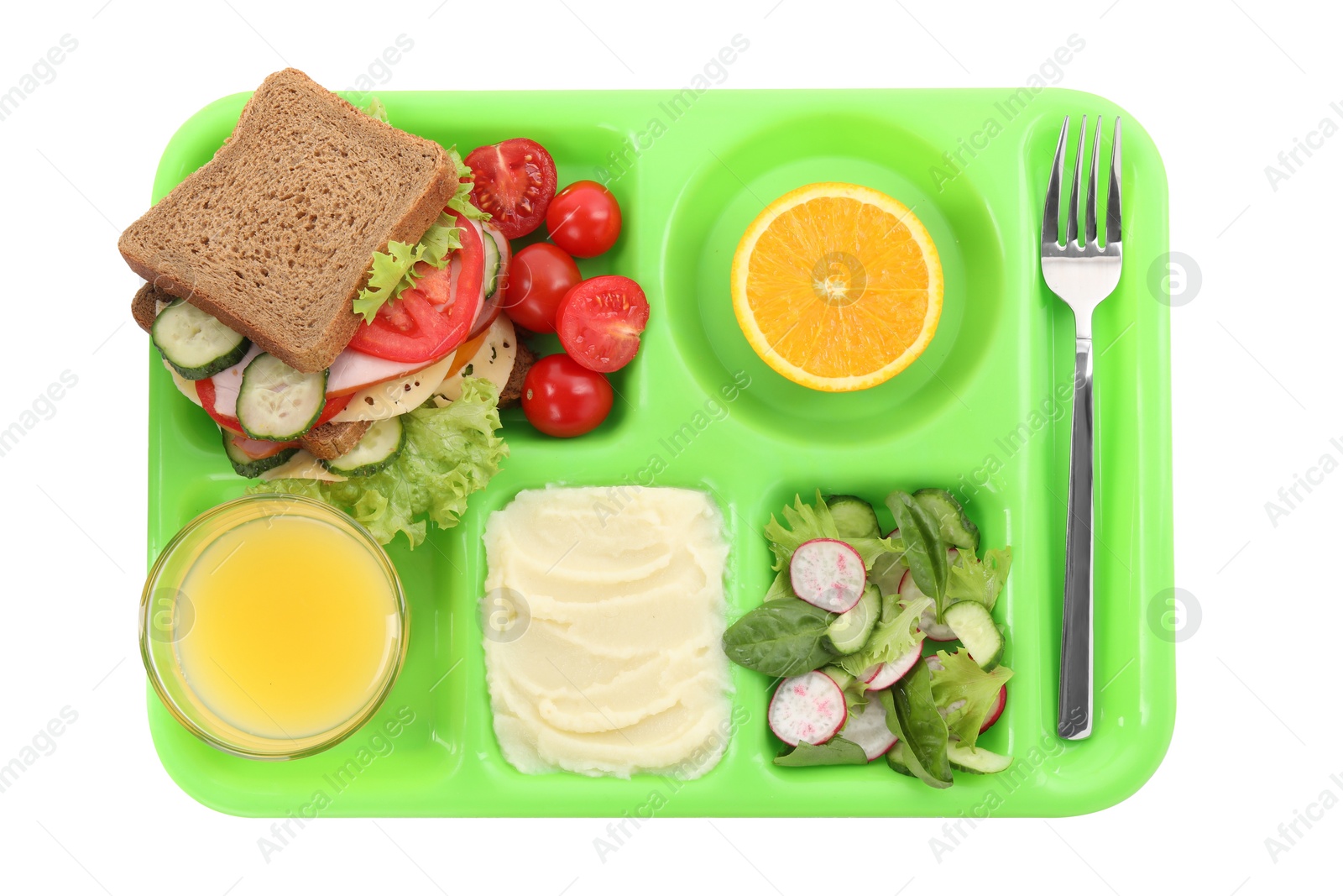 Photo of Serving tray of healthy food isolated on white, top view. School lunch