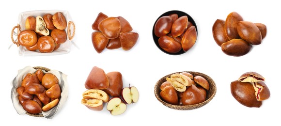 Image of Set with  delicious baked pirozhki on white background. Banner design