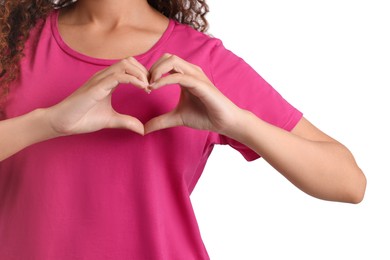 Photo of African-American woman making heart with hands on white background, closeup
