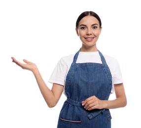 Photo of Young woman in blue jeans apron on white background