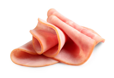 Photo of Slices of tasty fresh ham isolated on white