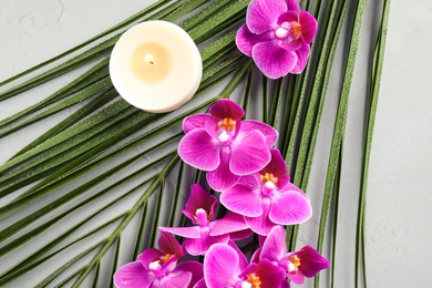 Photo of Flat lay composition with orchid flowers on grey stone surface