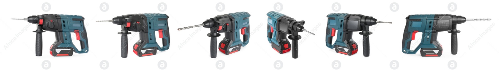Image of Set of modern electric drills on white background, banner design