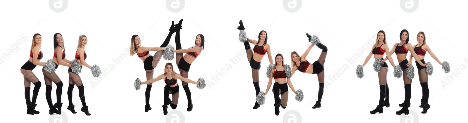 Image of Collage with photos of beautiful happy cheerleaders with pom poms in uniform on white background