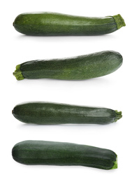 Image of Set of fresh ripe zucchinis on white background